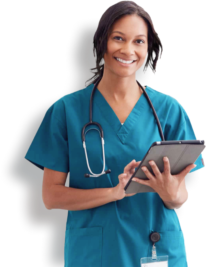 A smiling healthcare professional wearing teal scrubs and a stethoscope around her neck holds a tablet